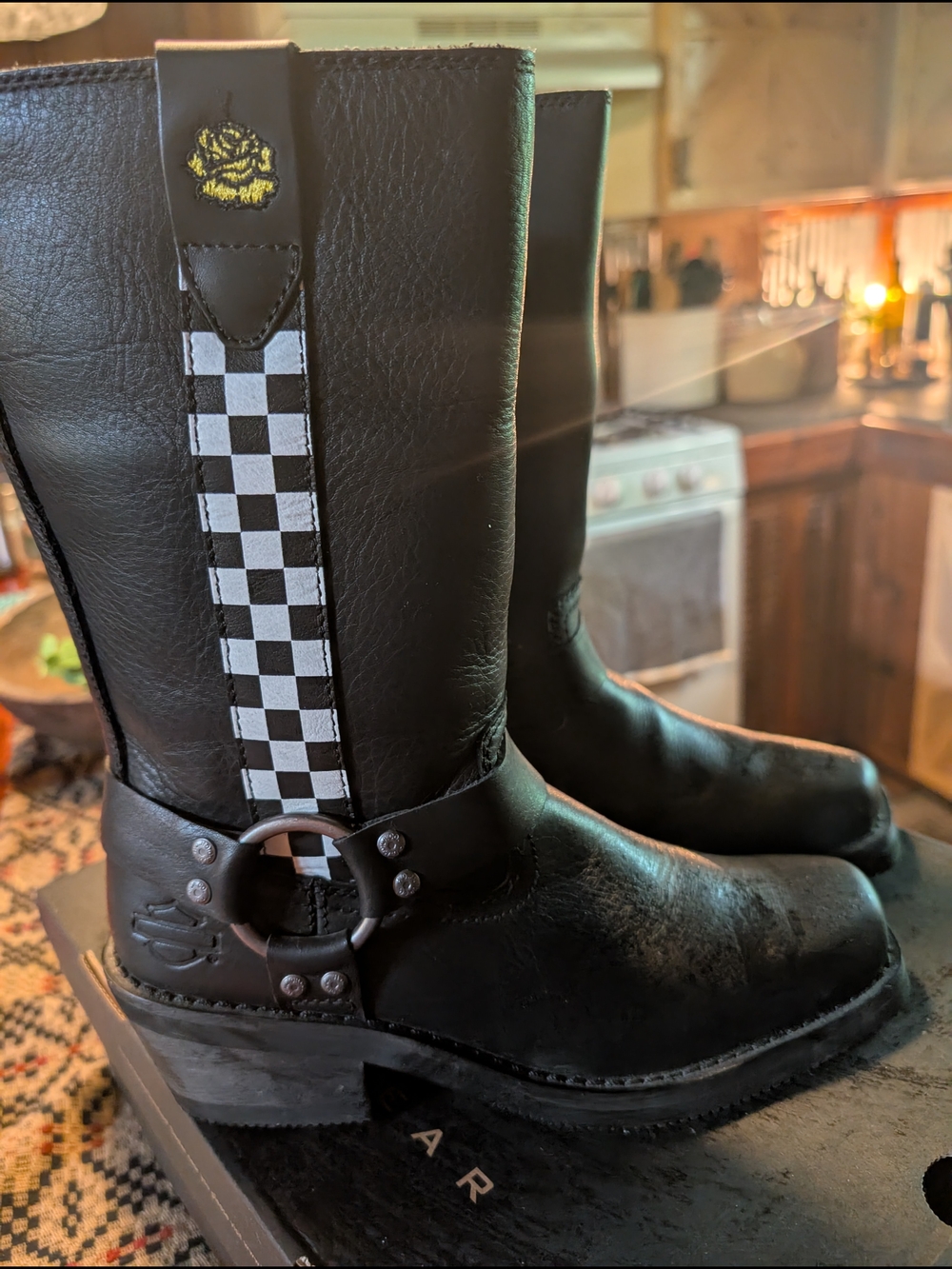 Black Leather Women's Harley Davidson Motorcycle Boots with Checker Strap